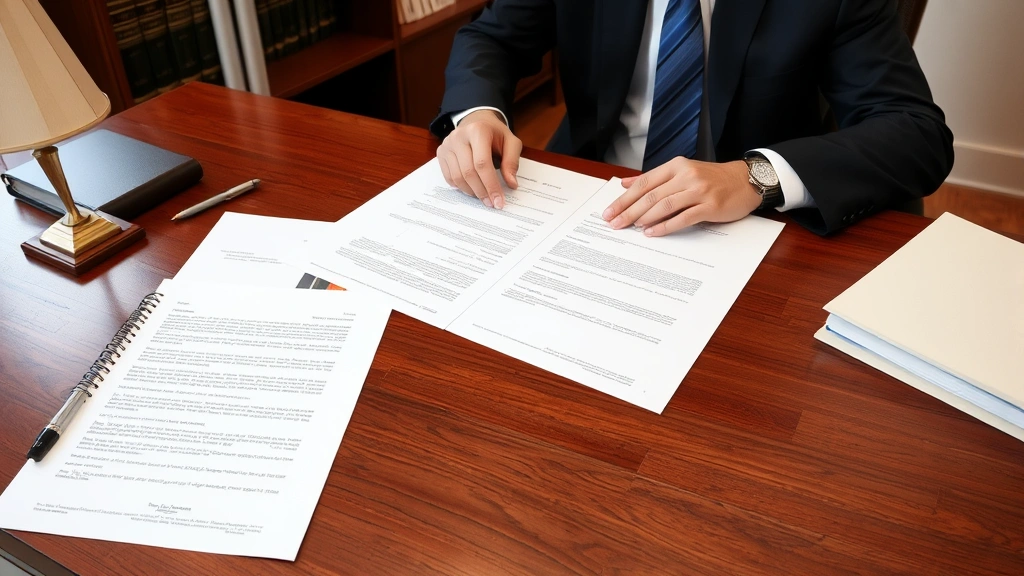 Real estate attorney reviewing property deed documents and title papers at wooden desk in law office with legal books