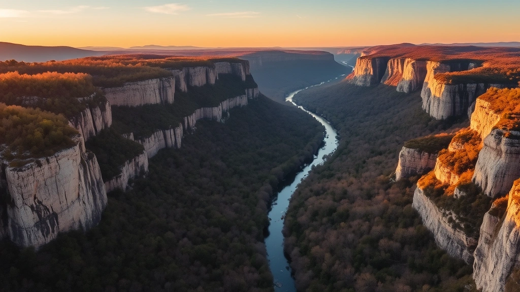Scenic aerial view of Ozark river valley with limestone bluffs, dense forest, and winding waterway at golden hour