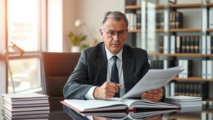 Professional pedestrian injury attorney in modern law office reviewing accident case files and evidence documentation at desk, serious focused expression, professional business attire, contemporary office setting with law books and case materials