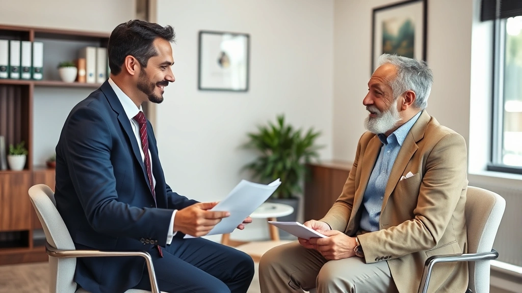 Diverse personal injury attorney conducting legal consultation with injured pedestrian client in professional law office conference room, both reviewing documents and discussing case strategy, compassionate professional interaction