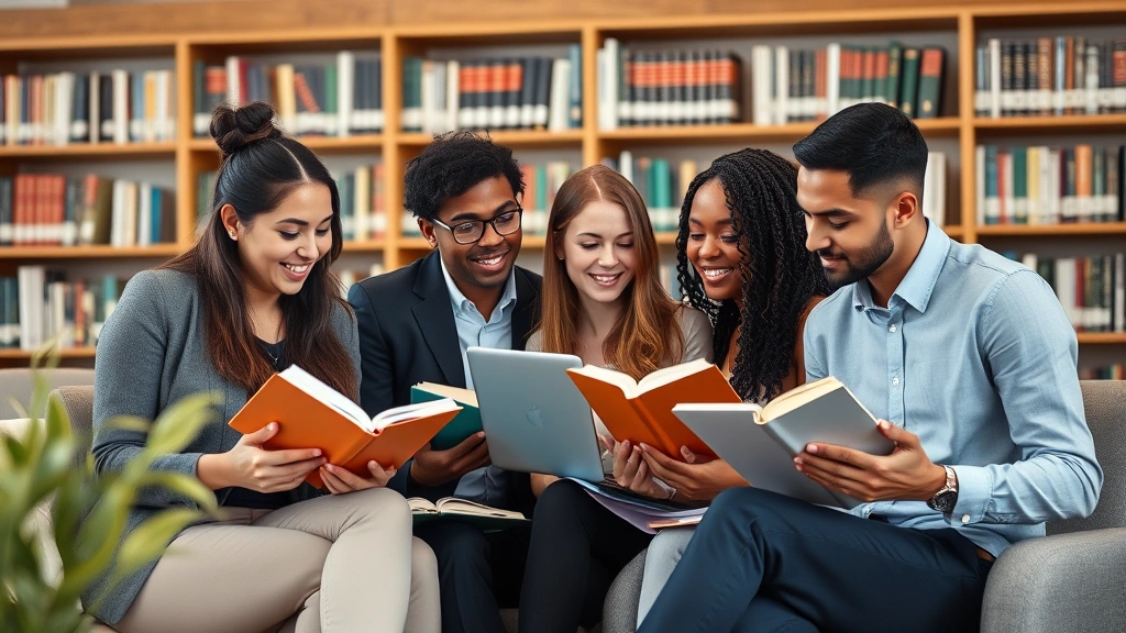 Professional diverse group of law students studying together in a modern law library, holding textbooks and laptops, engaged in collaborative learning with bookshelves in background