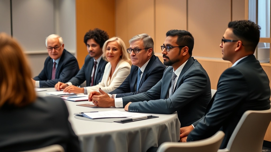 Diverse panel of lawyers and legal professionals in business attire at a conference table during a professional development seminar, taking notes and discussing