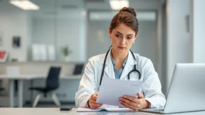 Professional female healthcare provider in white coat reviewing medical documents at desk in modern medical office, serious focused expression, clinical setting with blurred background