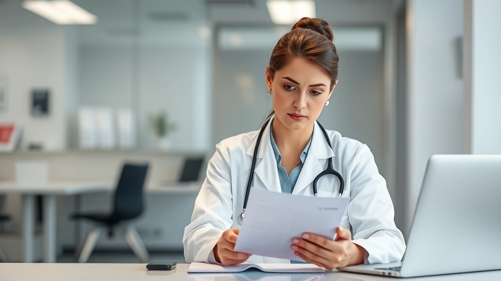 Professional female healthcare provider in white coat reviewing medical documents at desk in modern medical office, serious focused expression, clinical setting with blurred background