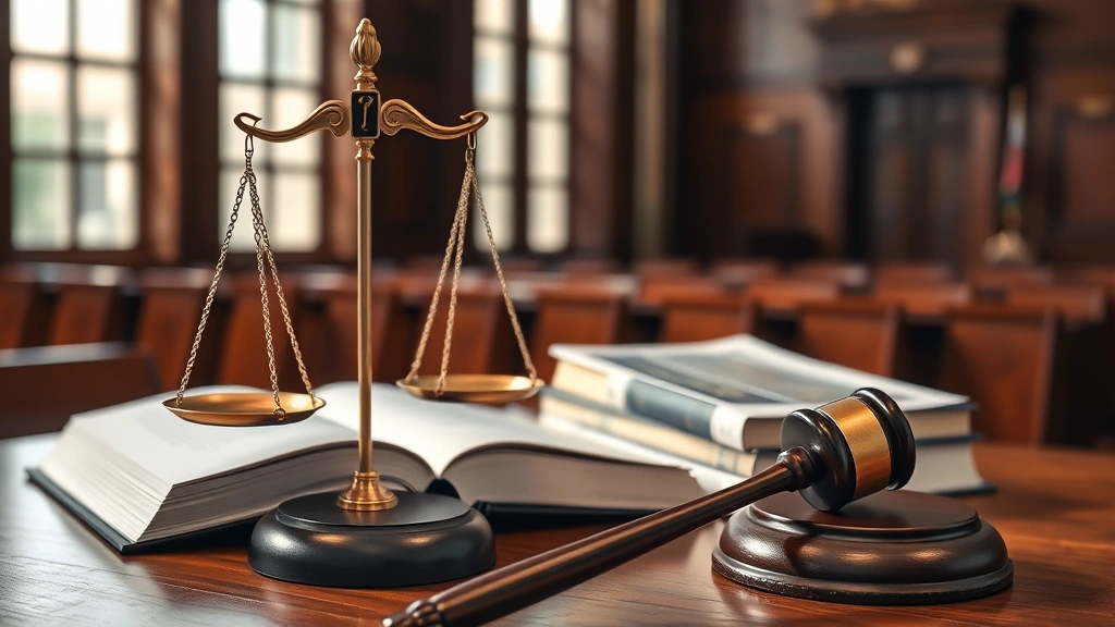 Scales of justice in courtroom with law books and gavel on wooden desk, professional legal environment, natural lighting through windows, empty courtroom background