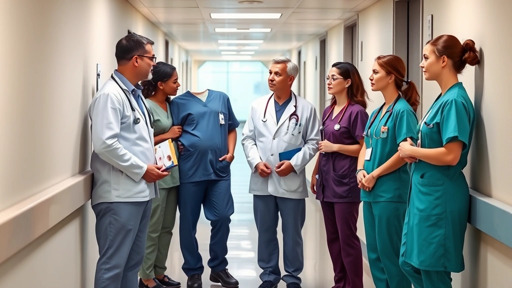 Diverse group of healthcare professionals in medical uniforms having consultation in hospital hallway, serious professional demeanor, modern healthcare facility setting