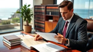 Professional male attorney in business suit reviewing legal documents at mahogany desk with law books in background, serious focused expression, modern law office setting with floor-to-ceiling windows showing California coastal landscape