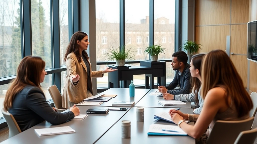 Female law professor teaching in modern law school classroom, diverse students taking notes, large windows with natural light, contemporary furnishings, professional academic environment