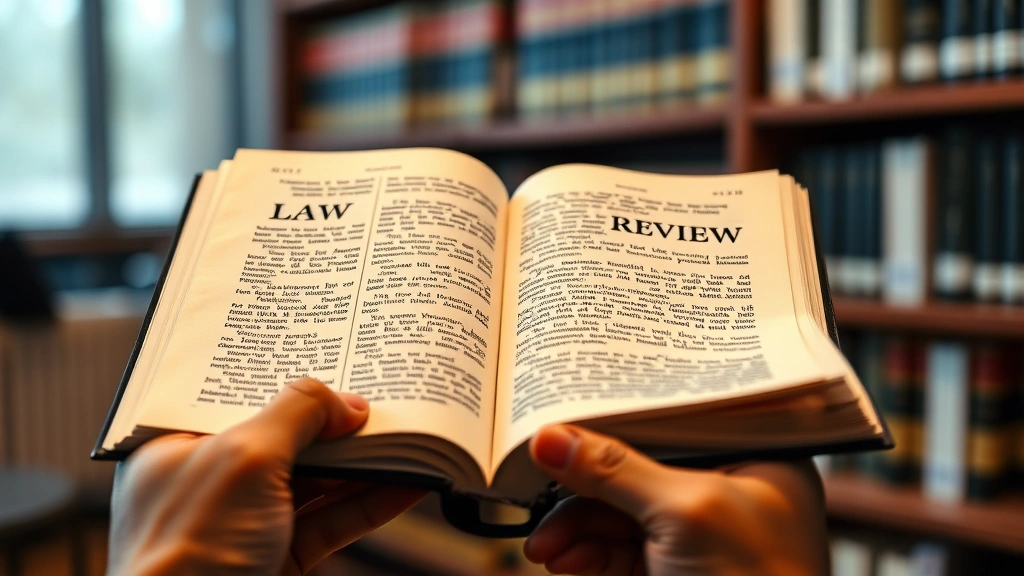 Close-up of hands holding open law review journal with dense text, professional legal research setting, law library shelves visible in soft focus background, warm professional lighting