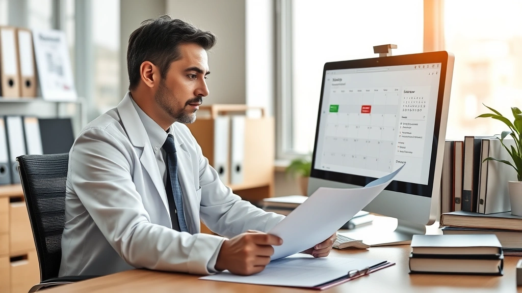 Professional legal advisor reviewing documents at modern office desk with computer displaying compliance calendar, organized files, and law books, serious focused expression, natural lighting