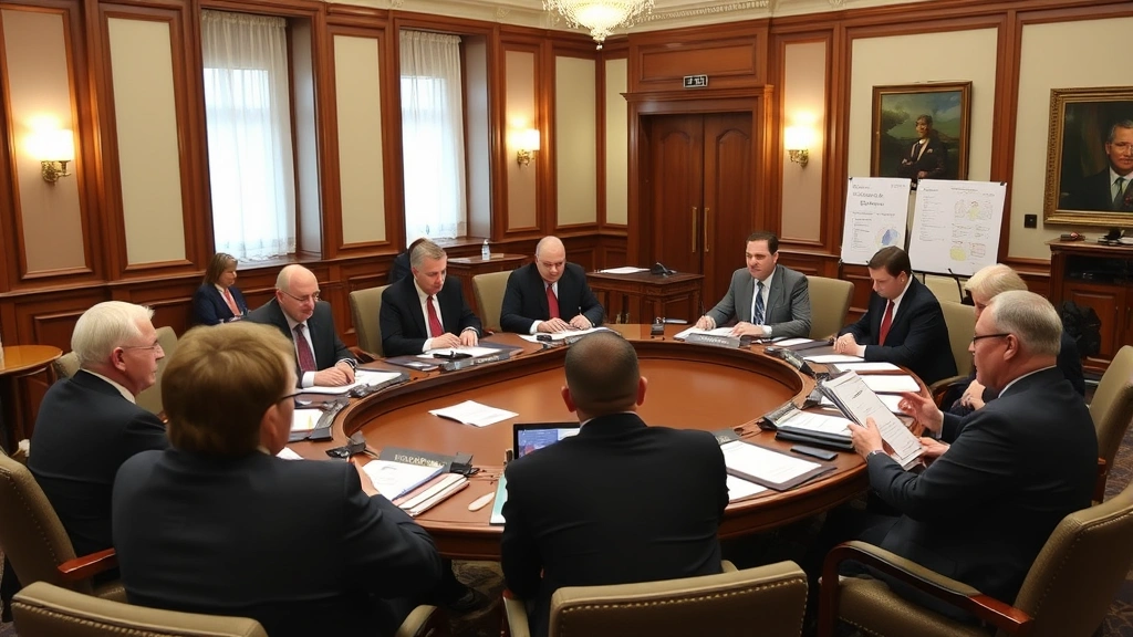 Legislative committee members in formal meeting room engaged in discussion around conference table with charts and reports, examining regulatory effectiveness data, professional attire