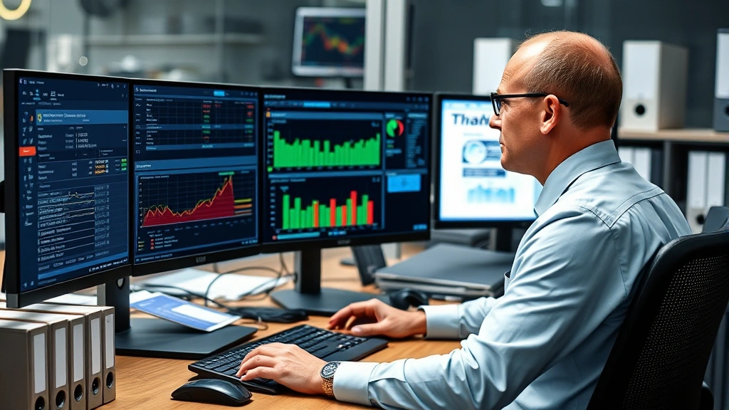Compliance officer at workstation monitoring multiple computer screens showing regulatory tracking systems and deadline alerts, organized workspace with filing systems, professional environment
