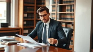 Professional lawyer in business suit sitting at wooden desk in modern law office, reviewing documents with focused expression, natural office lighting with law books visible in background
