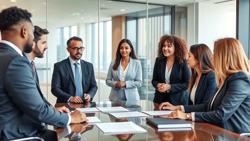 Diverse group of attorneys in professional attire having a team discussion in modern conference room with glass walls and legal documents on table