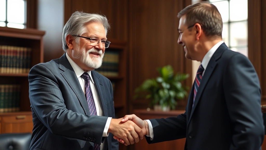 Senior experienced lawyer with gray hair in professional suit shaking hands with client in law office, both smiling, showing trust and professional relationship, daylight from windows
