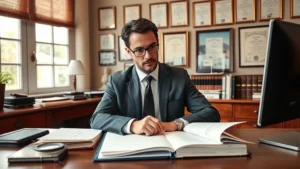 Professional family law attorney reviewing marriage documents at wooden desk with law books and computer, serious focused expression, office setting with legal certificates on walls, natural lighting from windows