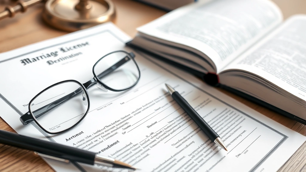 Close-up of marriage license and legal documents on desk with reading glasses, pen, and law reference books, professional legal workspace, soft natural lighting emphasizing document details