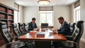 Professional law office conference room with wooden table, leather chairs, law books on shelves, and natural lighting from windows. Attorneys in business attire reviewing documents together. Neutral color scheme with professional atmosphere.