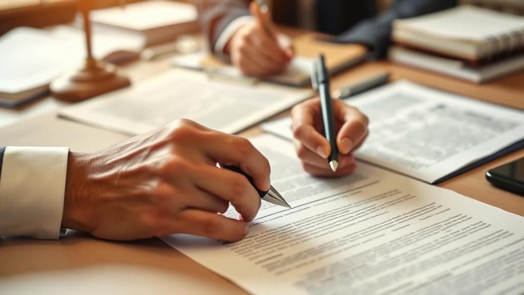 Close-up of attorney's hands reviewing legal documents and contracts on desk with pen and notepad. Organized workspace with law reference materials. Warm professional lighting emphasizing detail work and document review.