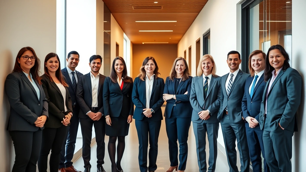 Diverse team of lawyers in professional business attire standing in modern law office hallway with contemporary design. Natural confidence and professionalism evident. Bright, welcoming environment suggesting competence and trustworthiness.