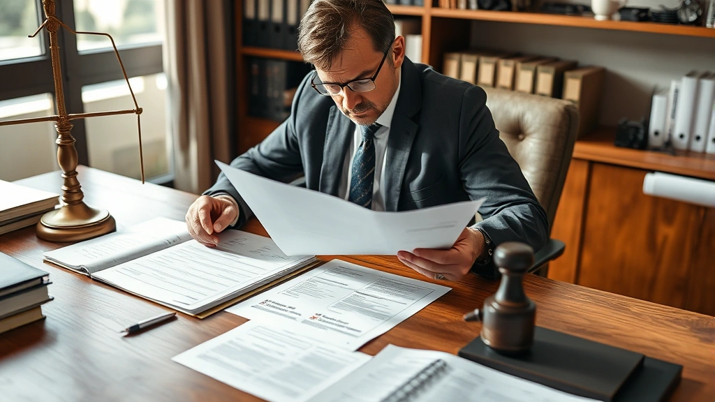 Professional lawyer reviewing property documents and deeds at wooden desk with legal files, serious expression, natural office lighting