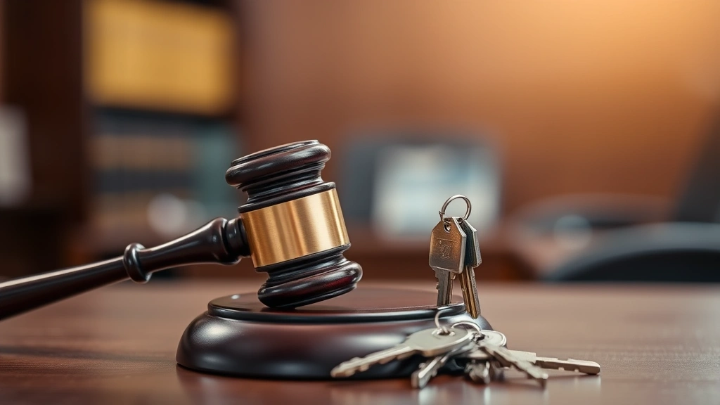 Judge's gavel next to property keys on desk with blurred courtroom background, symbolizing property dispute resolution and legal authority