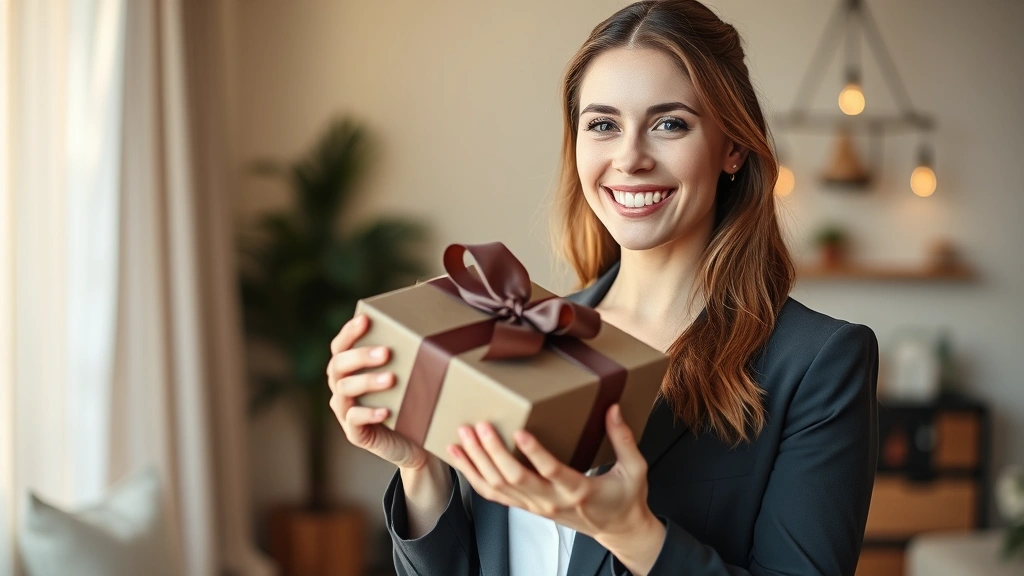 Professional woman holding elegantly wrapped gift box with ribbon, warm natural lighting, genuine smile, modern home interior background, sophisticated aesthetic