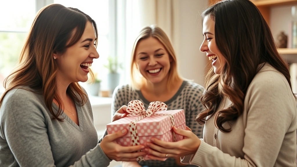 Sister-in-law opening gift with genuine joy and surprise, family gathering setting, warm emotional moment captured, natural daylight from window