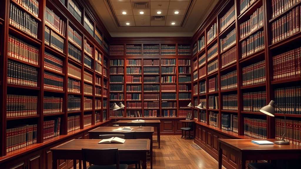 Professional law library with mahogany shelves filled with legal books and journals, warm lighting, empty study tables with reading lamps
