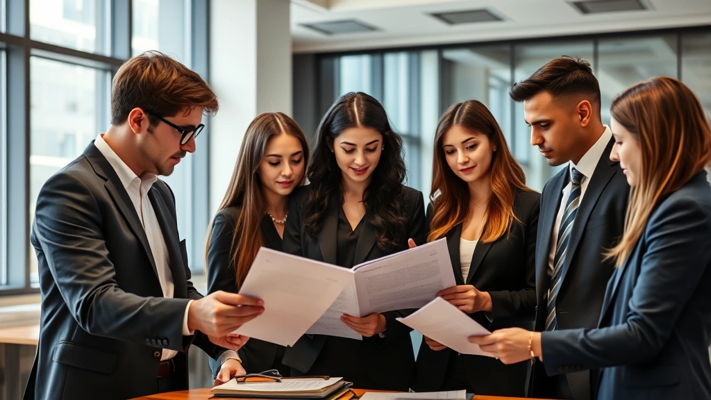 Diverse group of law students in professional attire collaborating on case materials in a modern university classroom with large windows