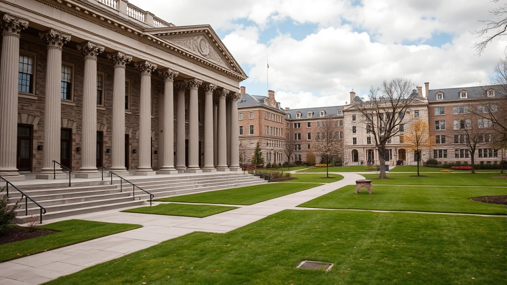 Prestigious university campus with classical architecture, manicured lawns, and stone buildings representing American higher education excellence