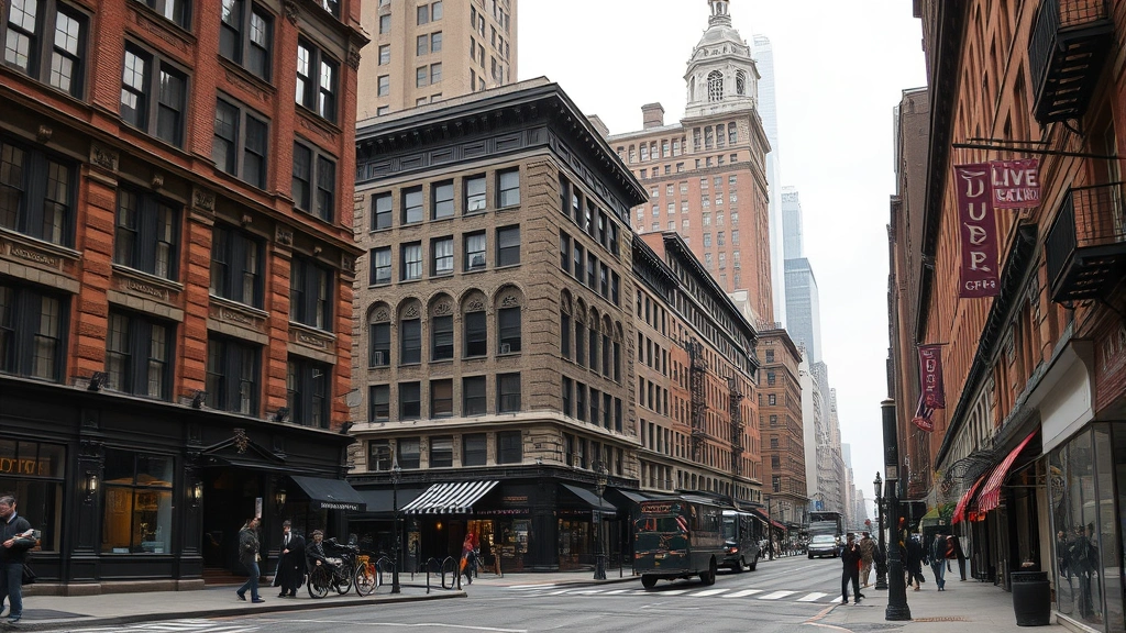 Professional historical photograph of 1890s New York City street corner with period buildings and architecture, showing urban landscape from the Gilded Age era, realistic lighting, daytime scene