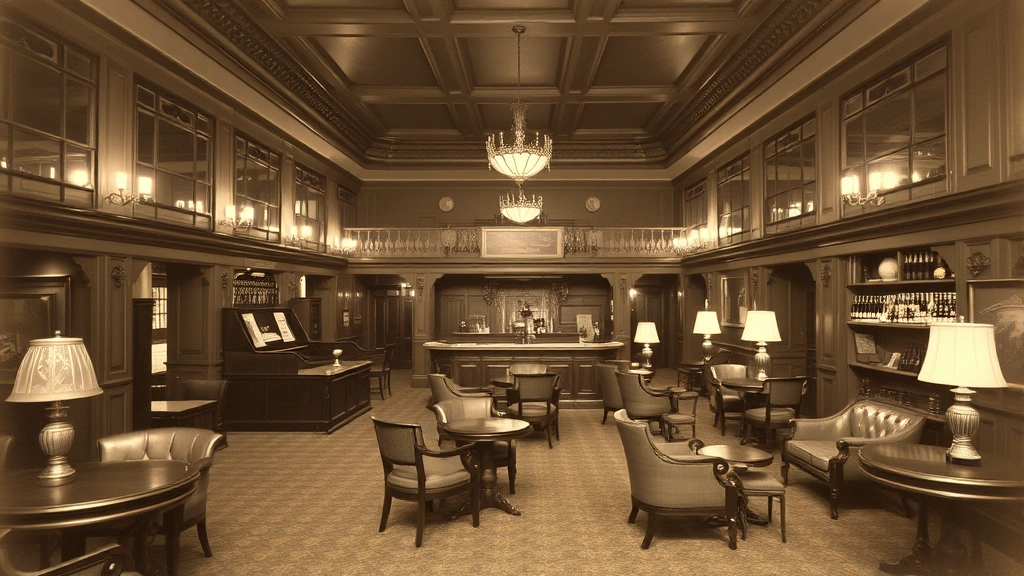 Vintage interior photograph of late 19th century hotel lobby or bar area with period-appropriate furniture and fixtures, gas lighting, professional setting, no visible signage or text