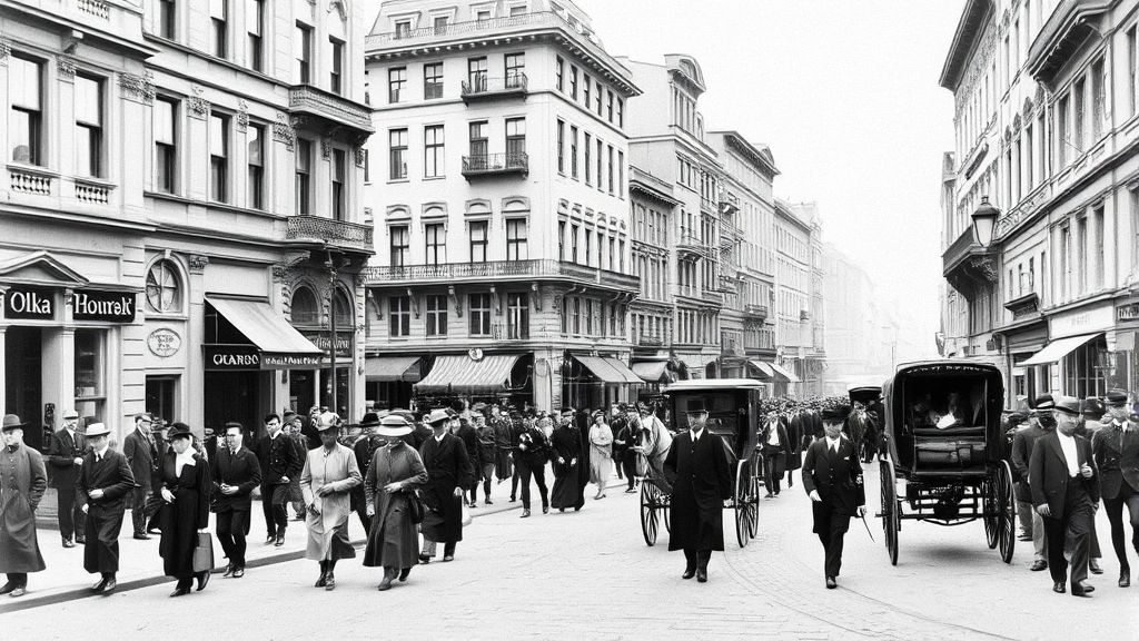 Black and white historical photograph of early 1900s urban street scene with pedestrians in period clothing, horse-drawn carriages, historic building facades, authentic historical documentation style