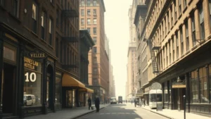 Professional historical photograph of a late 1800s New York City street with period storefronts and architecture, showing the urban landscape where Raines Law hotels proliferated, natural lighting, authentic period details visible