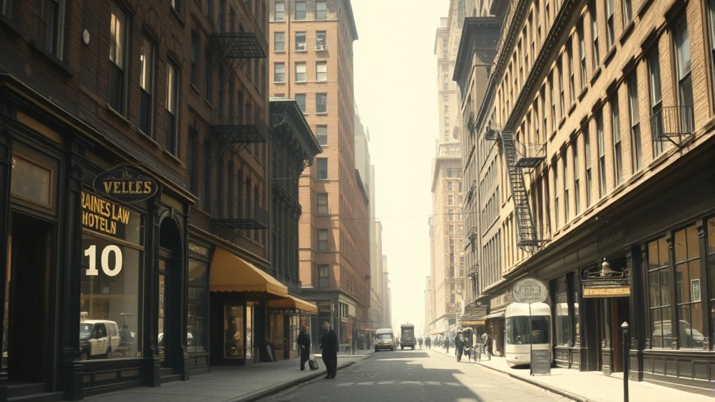 Professional historical photograph of a late 1800s New York City street with period storefronts and architecture, showing the urban landscape where Raines Law hotels proliferated, natural lighting, authentic period details visible
