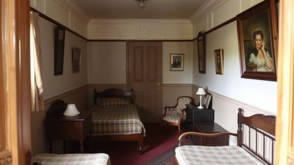 Interior photograph of a historic small hotel room or lodging space from the 1890s-1900s era, minimal furnishings, period-appropriate decor, professional documentation style, emphasizing the modest accommodations typical of the era