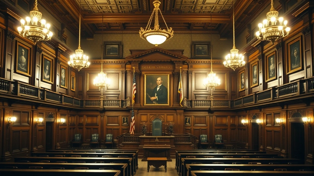 Formal photograph of a historic New York State legislative chamber or courthouse interior from the late 1800s, showing period architecture, wooden details, professional lighting, conveying legal authority and institutional setting