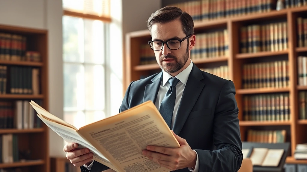Professional legal advisor in formal attire reviewing vintage regulatory documents in modern law office, natural lighting, serious expression, bookshelf background