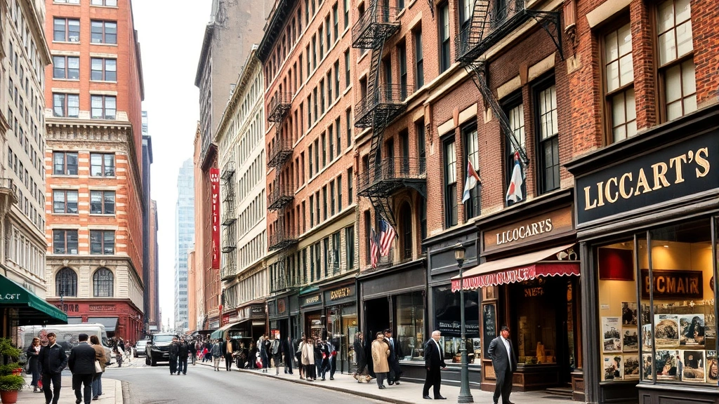Historic New York City street scene from early 1900s showing period architecture and urban storefronts, daytime, authentic historical atmosphere, diverse pedestrians