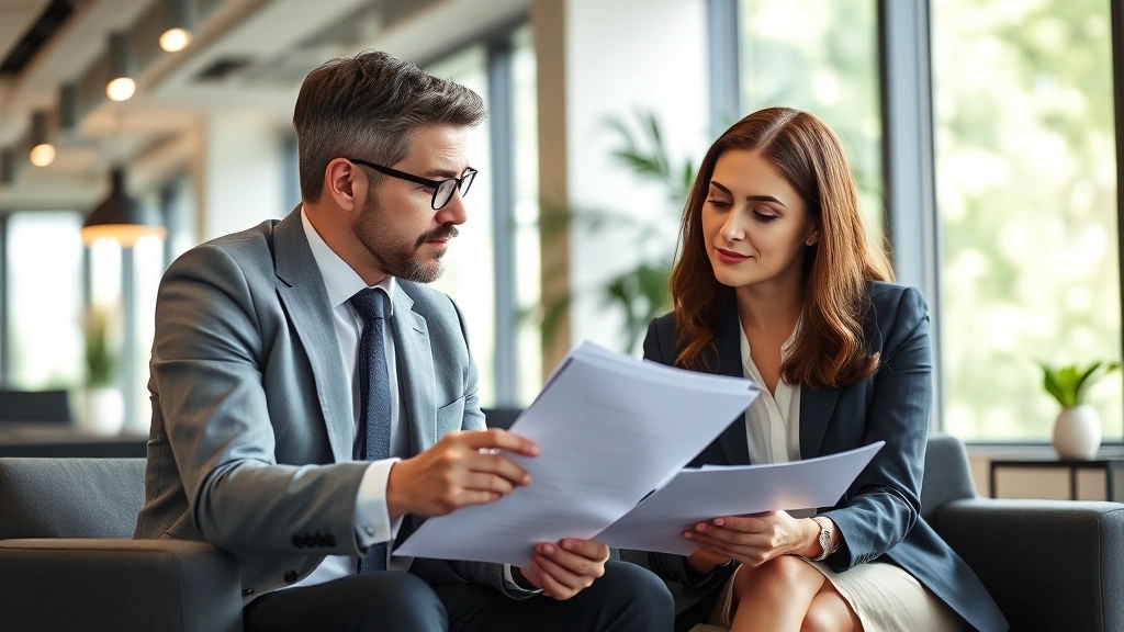 Contemporary lawyer and client in professional consultation meeting, modern office setting, reviewing compliance documents, focused discussion, natural business environment