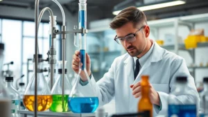 Professional chemist in laboratory coat examining distillation apparatus with colorful liquids in flasks, modern chemistry lab setting with clean equipment and professional atmosphere