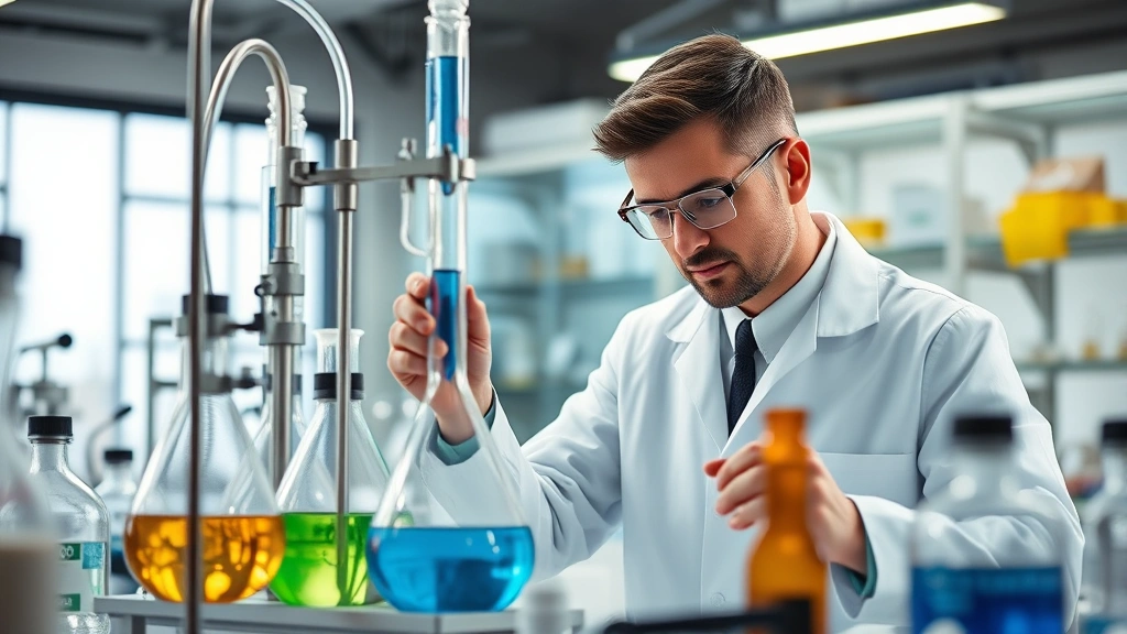 Professional chemist in laboratory coat examining distillation apparatus with colorful liquids in flasks, modern chemistry lab setting with clean equipment and professional atmosphere