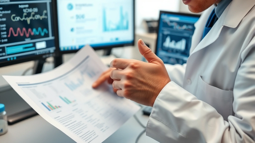Close-up of pharmaceutical scientist reviewing technical documents and data charts at workstation with computer monitors displaying chemical formulas and graphs