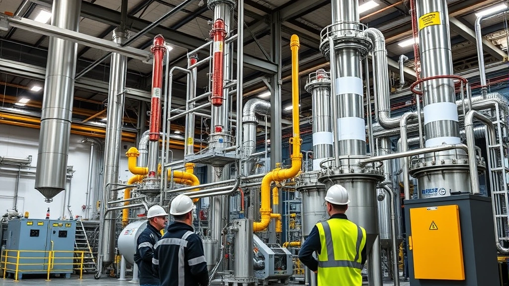 Industrial chemical manufacturing facility with large-scale distillation columns and equipment, workers in safety gear observing production process, professional industrial environment