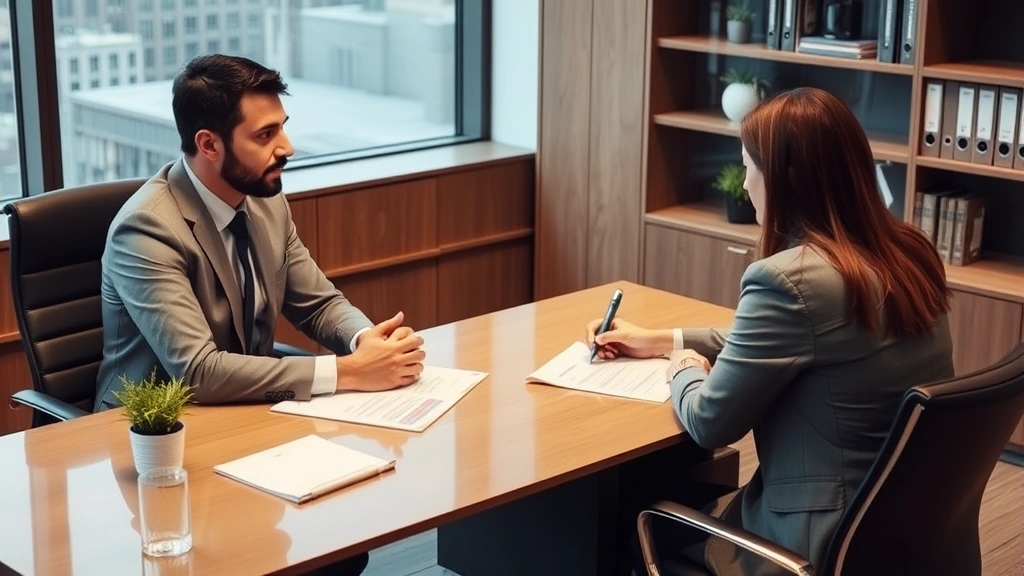 Professional legal consultation meeting between immigration attorney and client discussing migration patterns and case documents at modern law office desk