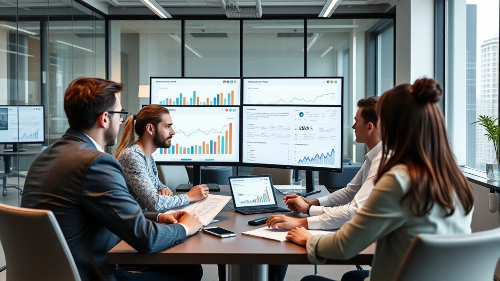 Diverse group of international professionals and legal experts reviewing migration data and demographic statistics on computer screens in contemporary office setting