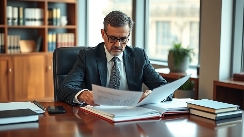 Professional attorney in business suit reviewing financial documents and debt files at wooden desk in modern law office, serious focused expression, natural lighting from office window