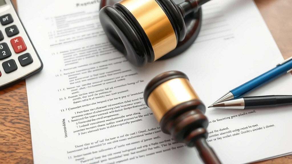 Gavel resting on legal documents and contract papers with calculator and pen nearby, close-up shot showing detail of courtroom judgment materials in professional legal setting