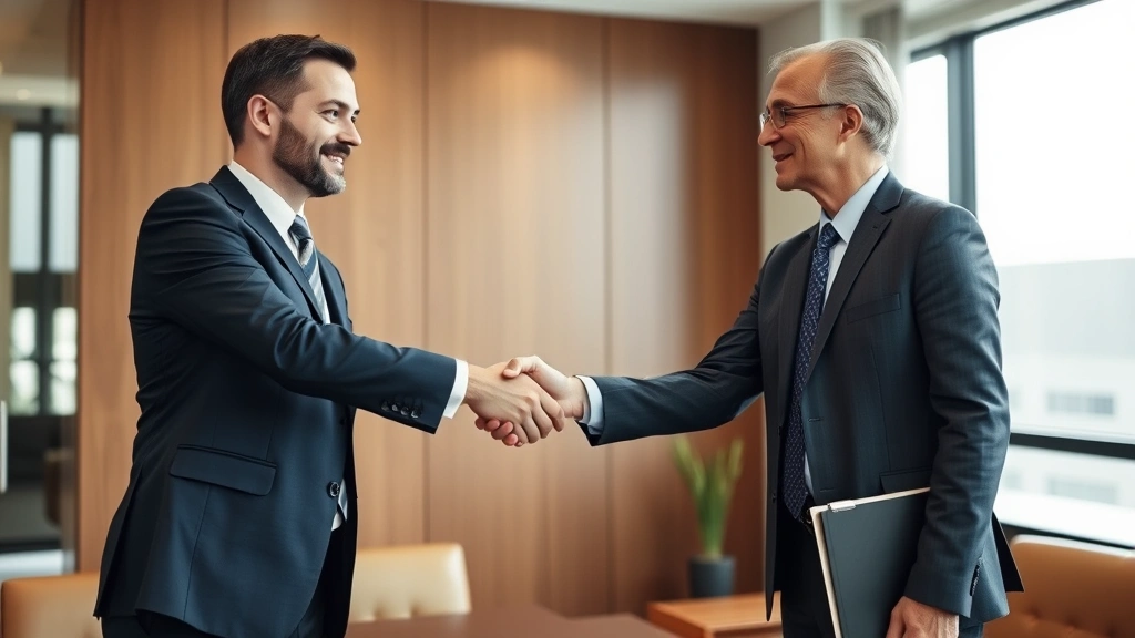 Business professional shaking hands with attorney in formal office setting, both wearing business attire, representing successful settlement negotiation or legal consultation agreement